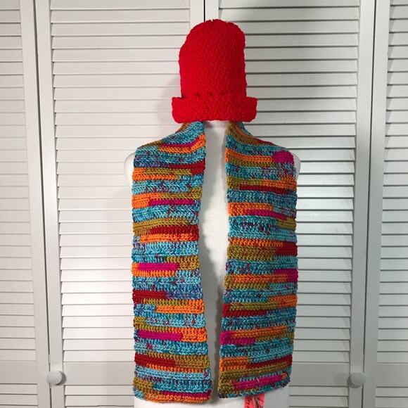 Handmade Accessories - NWT Handmade Crocheted Red Multicolor Textured Beanie Scarf 49”